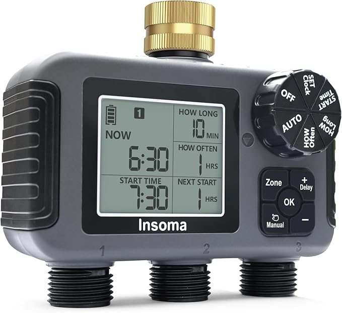 Insoma 3-Zone Sprinkler Timer with Brass Inlet + IPX5 Waterproof | Programmable Auto/Manual Irrigation Mode with Rain Delay & Large LCD | Water Hose Timer 3 Outlets for Garden, Lawn, Yard, Pool