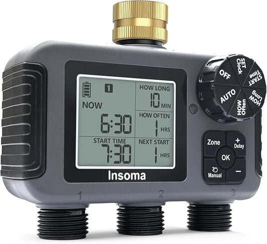 Insoma 3-Zone Sprinkler Timer with Brass Inlet + IPX5 Waterproof | Programmable Auto/Manual Irrigation Mode with Rain Delay & Large LCD | Water Hose Timer 3 Outlets for Garden, Lawn, Yard, Pool
