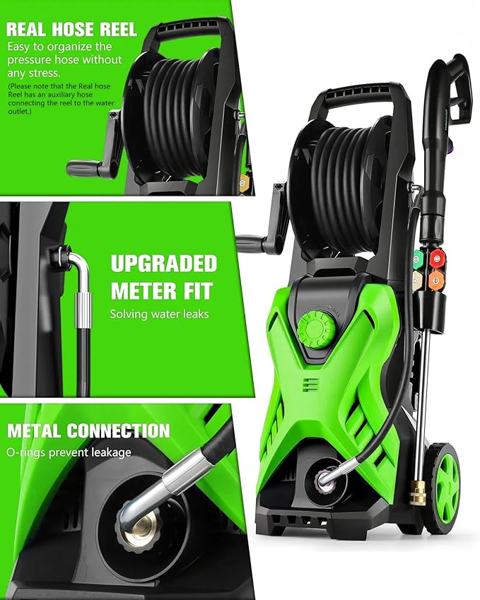 5000 PSI 2.8 GPM Pressure Cleaner High Power Cleaner Adjustable Pressure 2500PSI-5000PSI with 33FT Extension Hose Reel, 4 Nozzles and Soap Bottle for Cars/Fences/Driveways (Green, Hose Reel)