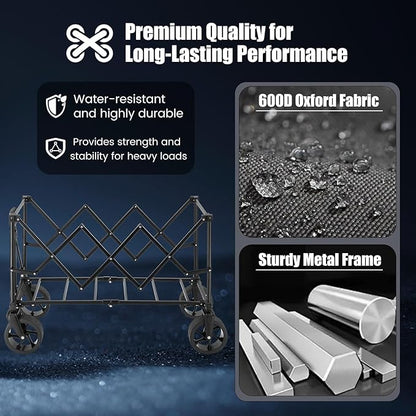 EchoSmile Collapsible Folding Wagon Cart 360lbs, Heavy Duty Garden Utility Cart with All Terrain Wheels, Large Capacity Outdoor Wagon for Camping, Beach, Shopping, Picnic (Black)