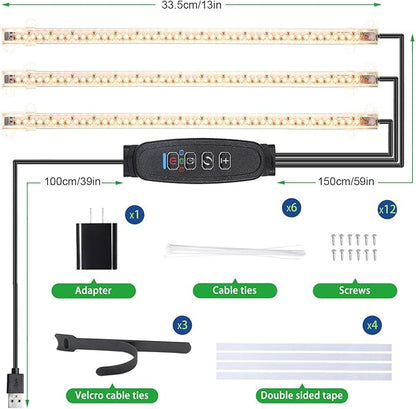 13 Inches LED Grow Light Strips for Plant Shelf, 3500K Full Spectrum Plant Growing Lights for Indoor Plants, 144 LEDs Plant Lamp with 10 Dimmable Levels and 3/9/12H Timer, 3 Head