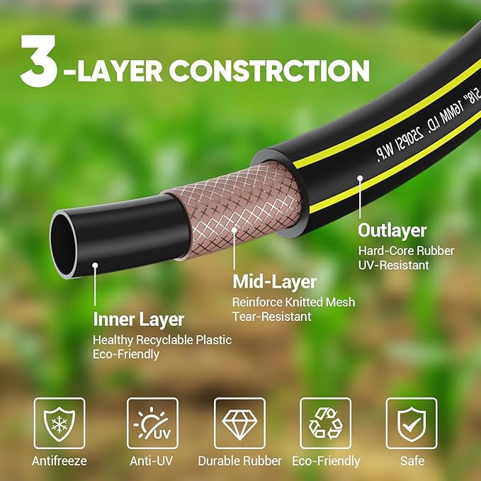 Garden Hose 50FT with 10 Pattern Spray Nozzle - PHLEX PRO Heavy-Duty Premium 5/8'' Rubber 3-Layer Water Hose - Innovation Flexible Hybrid Lightweight Water Hose, Full Brass Fittings (RyobiGreen)