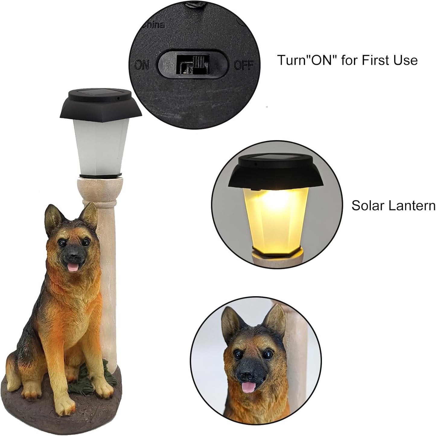 Solar Dog Garden Statues with Lantern, Resin German Shepherd Sculpture with Warm White Light for Outside Lawn Porch Patio
