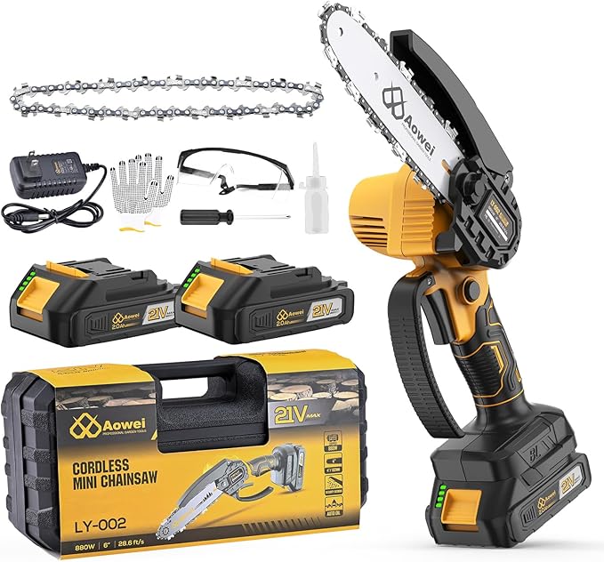Mini Chainsaw Cordless, 6 inch Electric Chain Saw with 2 Pack 2.0Ah Rechargeable Batteries, Battery Powered Handheld Saw for Trees Trimming Wood Cutting, Perfect Gardening Tools,Gift for Men Dad Women