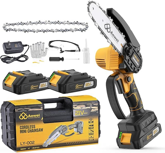 Mini Chainsaw Cordless, 6 inch Electric Chain Saw with 2 Pack 2.0Ah Rechargeable Batteries, Battery Powered Handheld Saw for Trees Trimming Wood Cutting, Perfect Gardening Tools,Gift for Men Dad Women