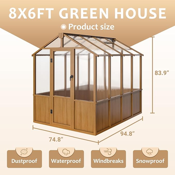 6x8 FT Greenhouse, 6MM Thick Polycarbonate Panel Wooden Walk-in Green House with Adjustable Roof Vents and Lockable Door,Garden Backyard, Patio, Lawn, Brown