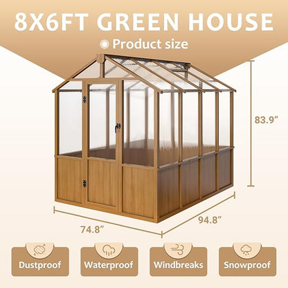 6x8 FT Greenhouse, 6MM Thick Polycarbonate Panel Wooden Walk-in Green House with Adjustable Roof Vents and Lockable Door,Garden Backyard, Patio, Lawn, Brown