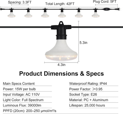 Outdoor Grow Lights Waterproof, Full Spectrum String Grow Light with 22FT Light String Cord for Seedling, Veg, Flower in Greenhouse, Garden, Backyard, Farm (12 Lights, with Smart Plug)