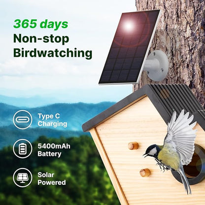 Smart Birdhouse with 2K HD Camera, Solar Powered & Battery, Night Vision, AI Bird Identification, Real-Time Alerts, APP Control, Outdoor Wooden Bird House, Ideal Gift for Bird Lovers