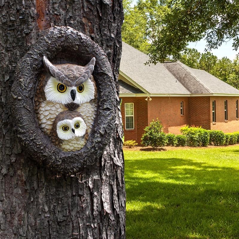 Owl Mom and Owlet Tree Hugger, Outdoor Garden Sculpture Tree Faces, Owl Bird Garden Resin Statue, Tree Peeker Ornament, Durable & Waterproof, Decorations Gardening Presents for Housewarming Birthday
