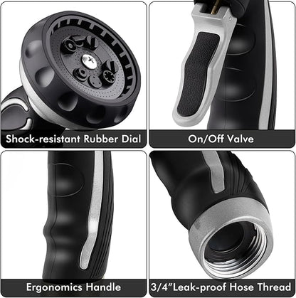 RESTMO Hose Nozzle with Easy Self-Lock Trigger, Heavy Duty Metal Water Hose Sprayer with 9 Spray Patterns and On/Off Valve, Ideal for Outdoor Lawn & Garden Watering, Car & Pet Washing, Silver