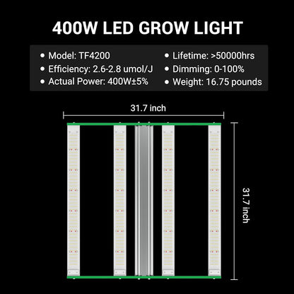 RDJ Bouns 2023 Fresh LE4200 400W LED Grow Light for 3x3 Tent - Wide Body 4 Bar Full Spectrum Daisy Chain Dimmable Ideal for Indoor Growers