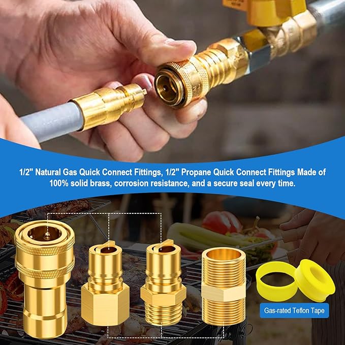 1/2" Gas Quick Connect Kit, 1/2" Natural Gas Quick Connect Fittings Kit – 4 Pcs Solid Brass Natural Gas & Propane Quick Disconnect Fittings, 1/2 inch Hose Quick Connect Adapter.
