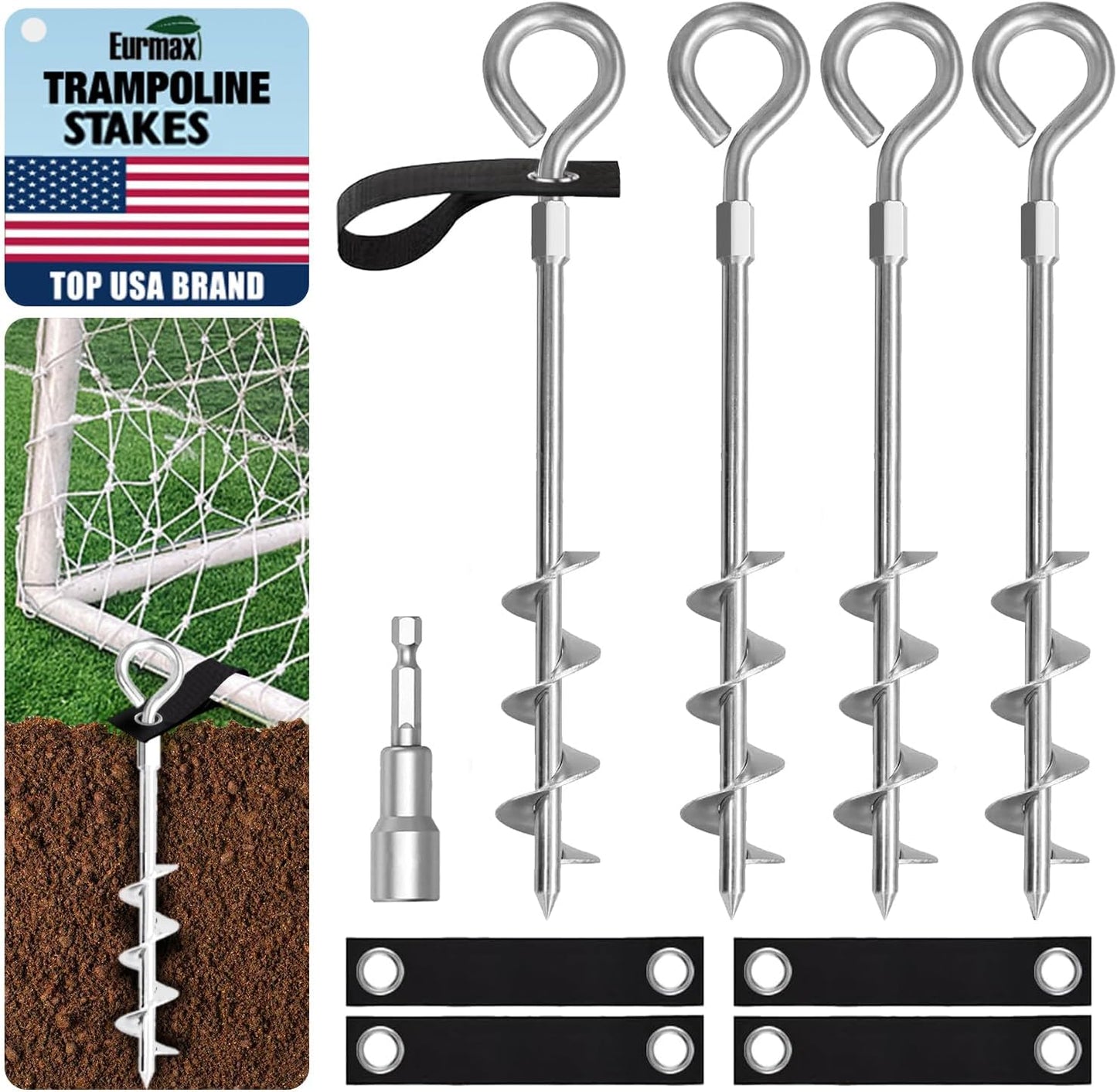 Eurmax USA Trampoline Stakes Screw in Tent Stakes Parts Heavy Duty for Canopies,4-Pack Outdoor Anchor Kit with Straps(Silver)