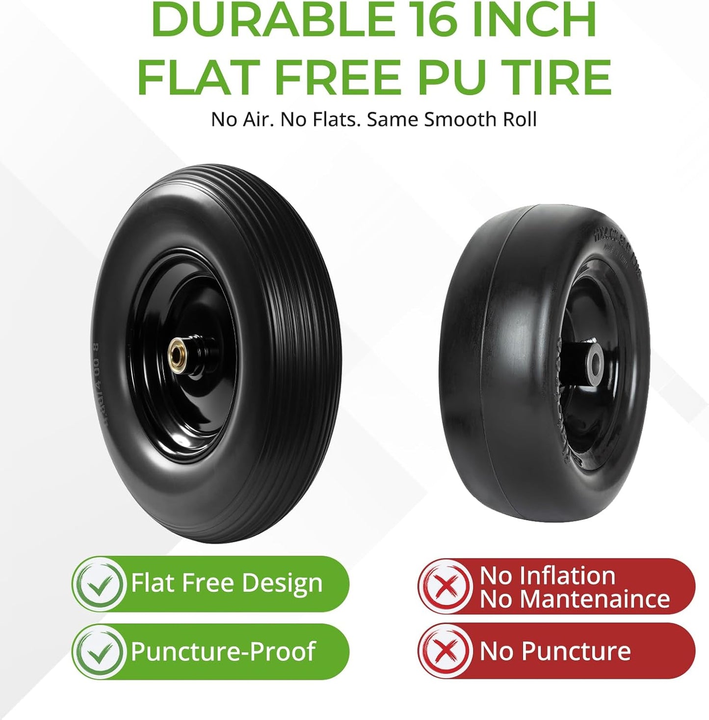 Backyard Expressions 16-Inch Flat-Free PU Tire 2-Pack – Heavy-Duty Solid Poly Wheels with 5/8" & 3/4" Bearings, Spacer Kit & Steel Hubs for Wheelbarrows, Garden Carts, Hand Trucks & Utility Equipment