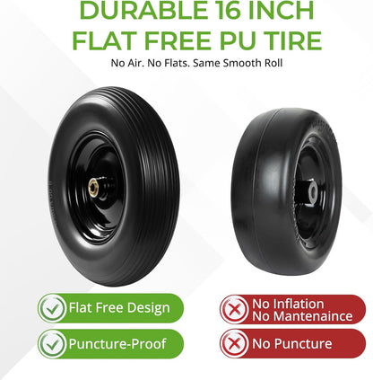 Backyard Expressions 16-Inch Flat-Free PU Tire 2-Pack – Heavy-Duty Solid Poly Wheels with 5/8" & 3/4" Bearings, Spacer Kit & Steel Hubs for Wheelbarrows, Garden Carts, Hand Trucks & Utility Equipment