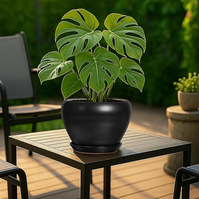 Deep Dream 8 Inch Plant Pot - Ceramic Pots for Plants with Drainage Hole and Trays, Modern Round Flower Pot, Planters for Indoor Outdoor Plants, Home Garden Decor, Black