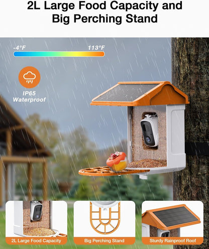 Smart AI Bird Feeder with Camera: Solar-Powered, 2K Live Video, Bird‘s Species Identification, Arrival Alerts, and Motion Capture –Wireless Bird Camera for Watching Birds (Orange)