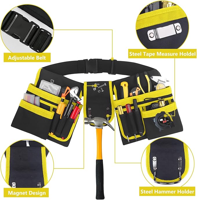 Tool Belt With Suspenders, 24 Pockets Tool Bag with Magnetic Wristband, Detachable Tool Pouch Bag, Adjustable Waists for Men Electrician Carpenter Construction (Yellow)