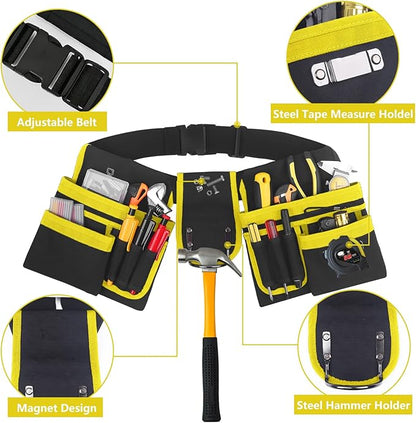Tool Belt With Suspenders, 24 Pockets Tool Bag with Magnetic Wristband, Detachable Tool Pouch Bag, Adjustable Waists for Men Electrician Carpenter Construction (Yellow)