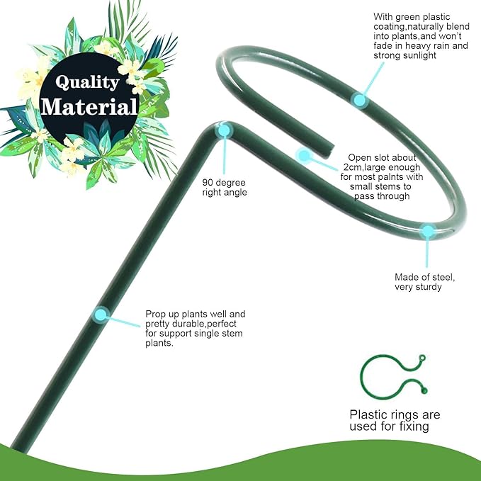 HiGift 10 Pack 17 inches Plant Support Plant Stakes with 20 Pcs Plant Clips, Metal Garden Single Stem Flower Support Stick Plant Cage Support Ring for Amaryllis Orchid Peony Rose Tomato