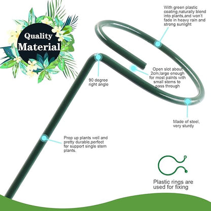 HiGift 10 Pack 17 inches Plant Support Plant Stakes with 20 Pcs Plant Clips, Metal Garden Single Stem Flower Support Stick Plant Cage Support Ring for Amaryllis Orchid Peony Rose Tomato