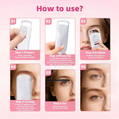 Heated Eyelash Curler,Portable Electric Heated Lash Curler Type-C Rechargeable Travel Eyelash Curlers with Heat Sensitive Silicone Pad,2-Level Adjustable Temp and Long-Lasting Natural Curves (White)