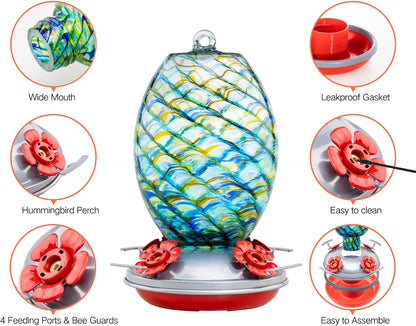 Muse Garden Glass Humming Bird Feeders for Outdoors - 27OZ Blown Glass Hummingbird Feeder - Unique Gift for Mom Women Grandparents, Outdoors Hanging Garden Decor, Ant Moat & Brush, Beach Mermaid