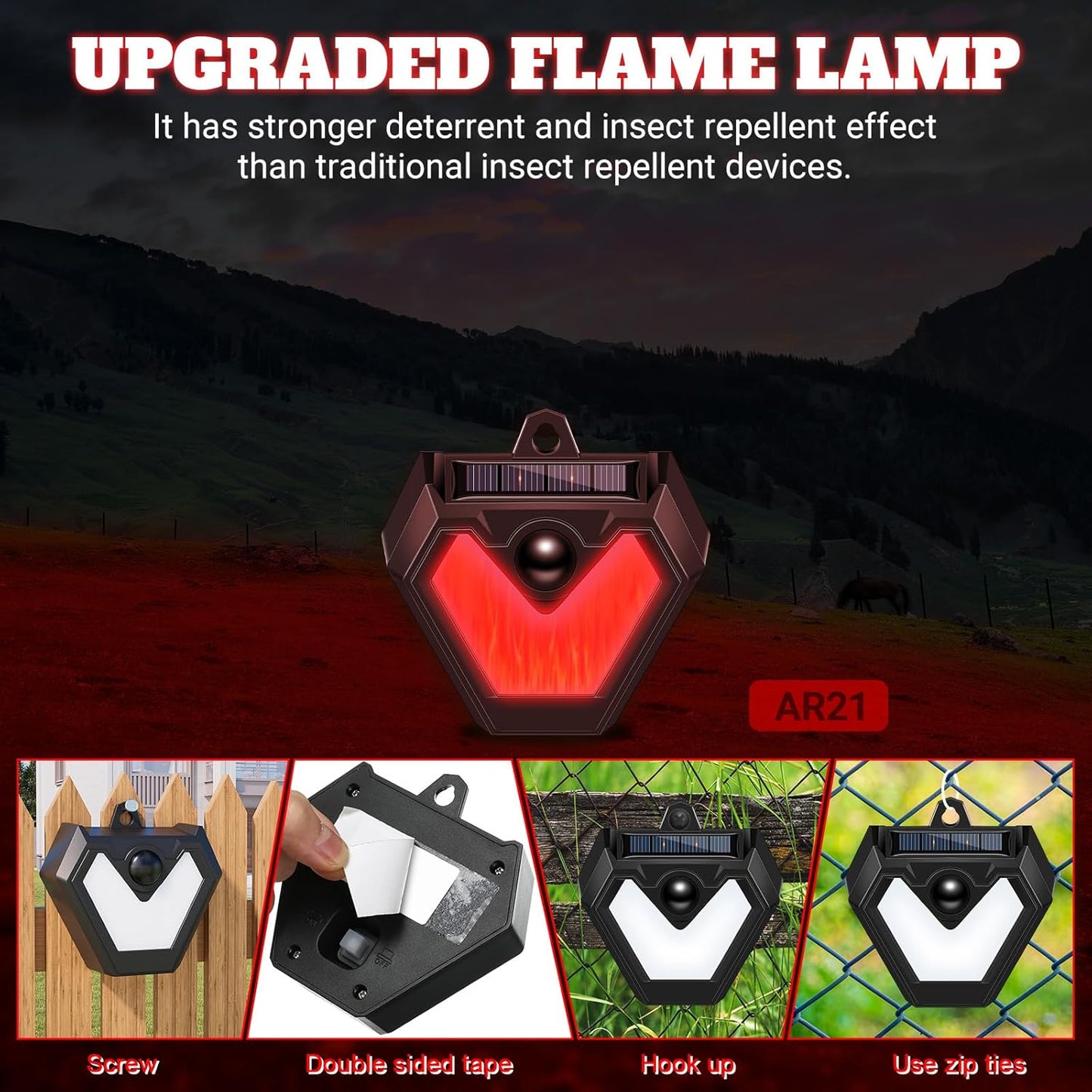 Qualirey 4 Pcs Upgraded Solar Nocturnal Animal Repeller Flickering Flame Outdoor Animal Repellent Motion Activated Coyote Deterrent Light for Skunk Deer Chicken Coop Farm Garden Yard(Red Light)