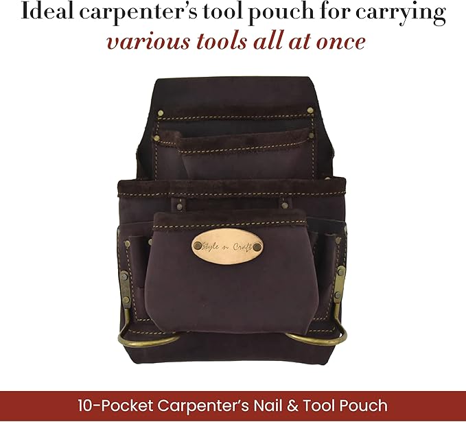 Style n Craft 10-Pocket Carpenter’s Nail & Tool Pouch, Heavy-Duty Leather Tool Pouch, Perfect and Durable Oiled Full-Grain Leather Pouch, Dark Brown (#90923)