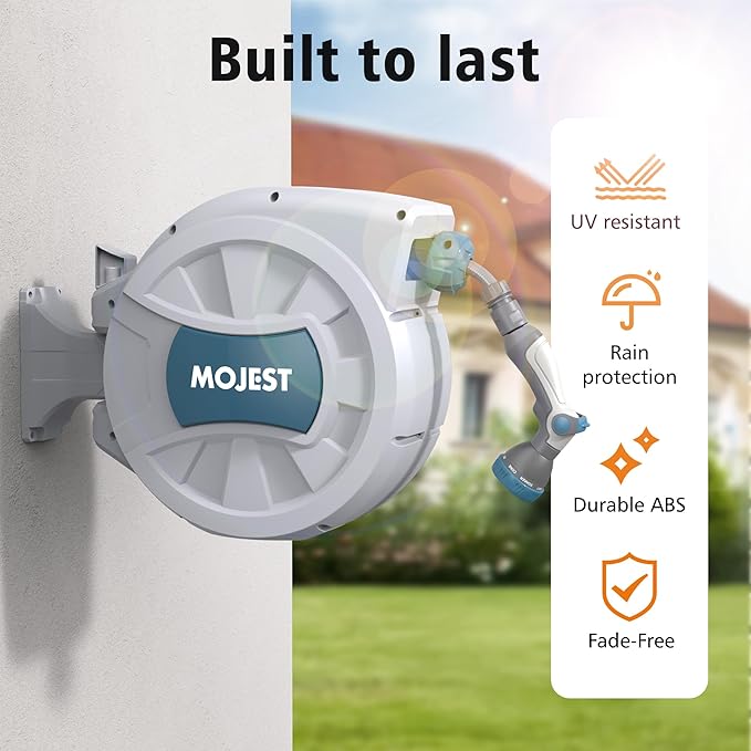 Retractable Garden Hose Reel - 1/2 in x 100 ft Wall Mounted Heavy Duty Water Hose Reel with Automatic Slow Rewind System, 180°Swivel Bracket, 2 Hose Nozzle, Light Gray