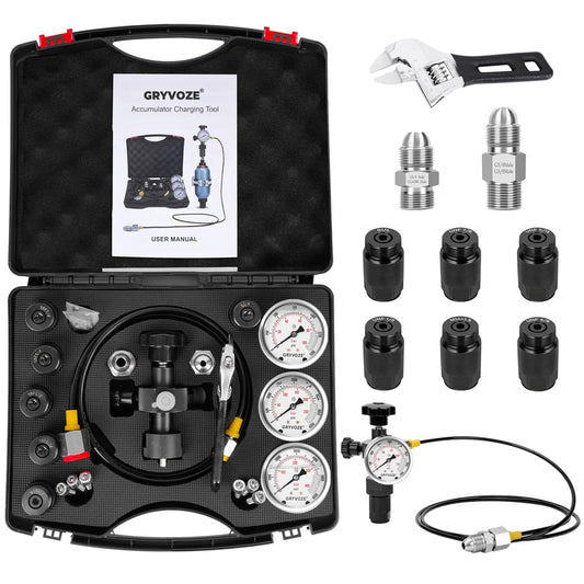 Hydraulic Nitrogen Accumulator Charging Kit, Nitrogen Fill Kit, Pressure Test System, Gas Charge Tools with 7 Adapters, 3 Gauges, 1 Gas Hose and G5/8 Male to CGA580 Male Adapter