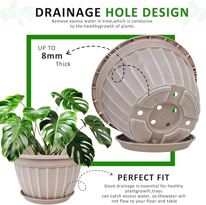 FGstyle 4 Pack 16 inch Plant Pots, Retro Vertical Stripe Planters with Drainage Holes and Saucer, Sturdy Plastic Garden Flower Pots for Indoor & Outdoor Plants(Beige)