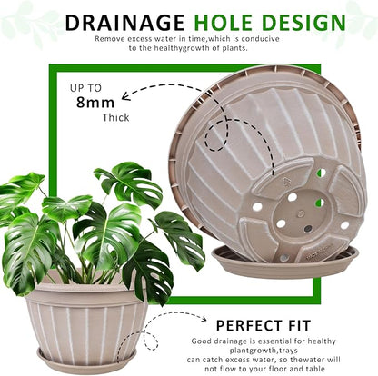 FGstyle 4 Pack 16 inch Plant Pots, Retro Vertical Stripe Planters with Drainage Holes and Saucer, Sturdy Plastic Garden Flower Pots for Indoor & Outdoor Plants(Beige)