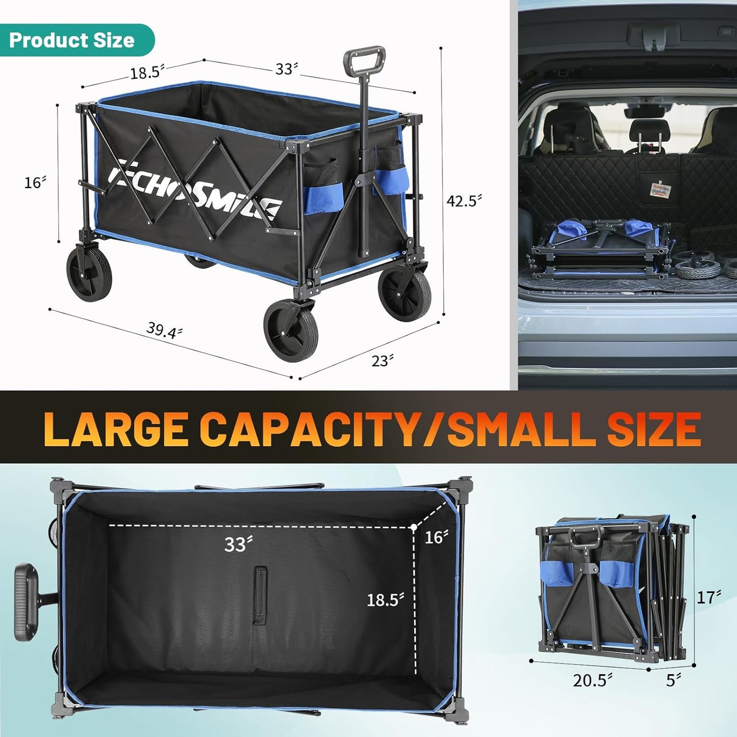 EchoSmile Collapsible Foldable Wagon Cart with 350lbs Weight Capacity, Heavy Duty Folding Utility Sport Wagon with Removeble Wheels for Camping,Grocery,Garden,Beach,Black &Blue