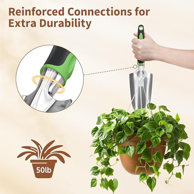 LASZOLA 3 Piece Garden Tool Set Include Hand Trowel Rake and Transplant Shovel for Women, Indoor Heavy Duty Small Spade Kit with Ergonomic Handle to Weed and Loosen, for Mom and Plant Beginner, Green