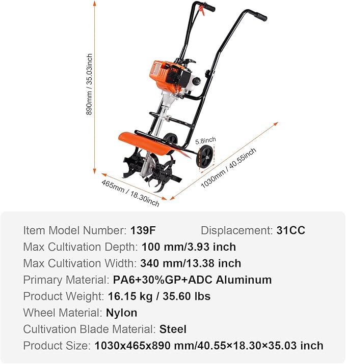 VEVOR Tiller Cultivator, 31CC 4-Stroke Garden Cultivator, Tiller with 4 Steel Adjustable Front Tines for Lawn, Garden and Field Soil Cultivation, Orange