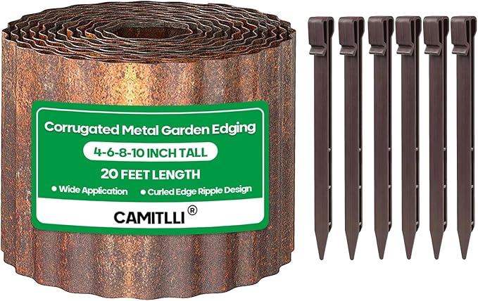 Corrugated Metal Garden Edging,Sturdy Tall Landscape Edging Borders with 6pcs Anchor Stakes, Perfect DIY for Flower Beds, Lawn and Pathway,Tree Surrounds,Paver Edges (Pre-Rusted 6"×20FT)