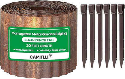 Corrugated Metal Garden Edging,Sturdy Tall Landscape Edging Borders with 6pcs Anchor Stakes, Perfect DIY for Flower Beds, Lawn and Pathway,Tree Surrounds,Paver Edges (Pre-Rusted 6"×20FT)