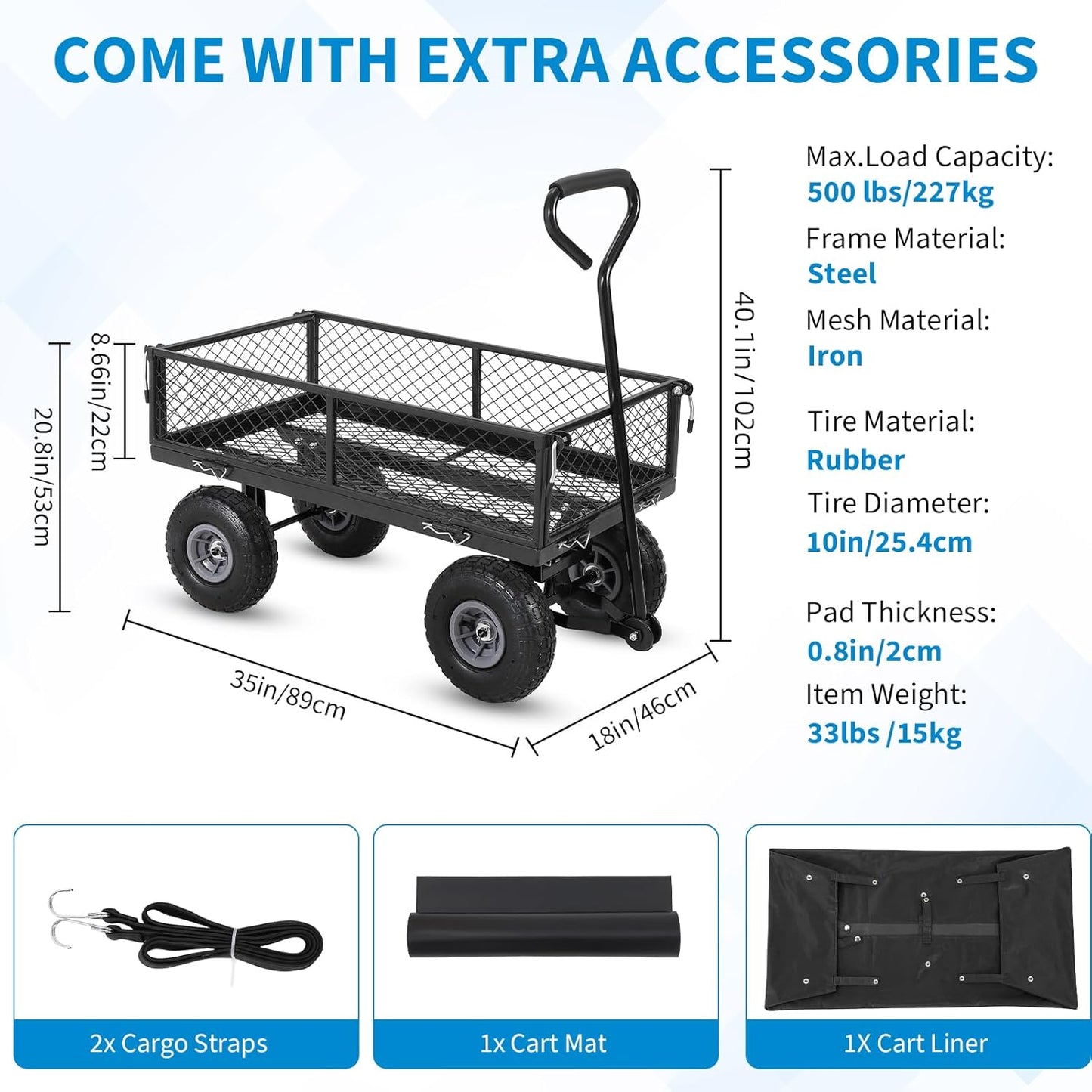 Heavy Duty Steel Garden Cart Folding Utility Wagon with Removable Cart Liner, 500 Lbs Capacity