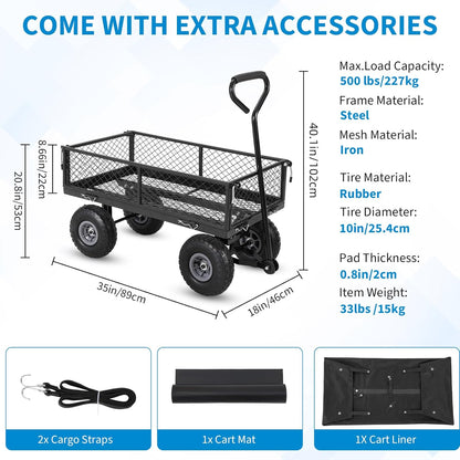 Heavy Duty Steel Garden Cart Folding Utility Wagon with Removable Cart Liner, 500 Lbs Capacity