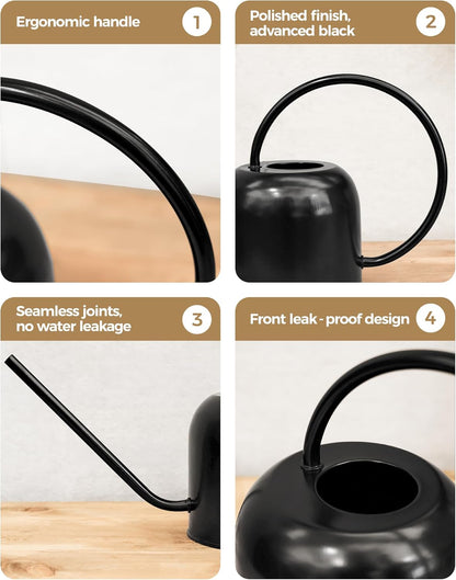 Bamworld Watering Can for Indoor Outdoor Plants 54oz/1.6L Metal Stainless Steel Pot with Long Spout Sprinkler for House Plants Bonsai Garden Flower Decorative Water Pitcher Garden Tools Black