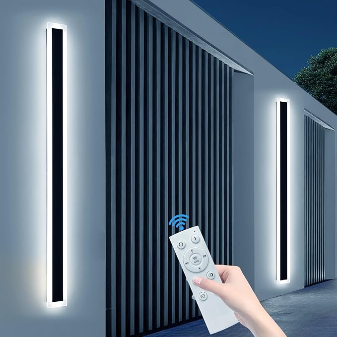 Upgrade Widened 2 Pack 71inch Long Outdoor Wall Light, Dimmable 3000K-6000K, Modern Exterior Wall Sconces, IP65 Waterproof, 60W, Black LED Wall Mount Light for House, Yard, Garden with Remote Control