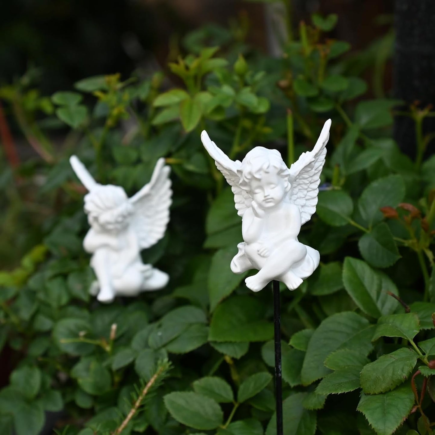 OwMell Set of 2 Decorative Garden Stakes - Small Angel & Cherub Angel Ornaments, Memorial Statue & Flower Pot Decorations