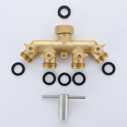Bropury 4 Way Hose Splitter with Thickened and Optimized, Solid Brass Hose Connector NPT3/4", Hose Spigot Adapter 4 Valves with 5 Extra Rubber Washers and on/off Wrench (4 way)