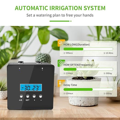 Automatic Plant Waterer Indoor, Indoor Plant Watering Devices with 2 self-Priming Pump, Automatic drip Irrigation kit with 20 Adjustable droppers， self Watering System, programmable Timer