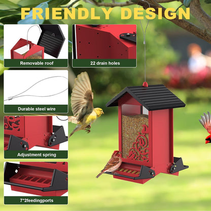Squirrel Proof Bird Feeder for Outdoor Hanging,Metal Bird Seed Feeder with Bilateral Weight Activated Perches,5LB Large Capacity Wild Bird Feeders for Outside,Easy Refill and Clean,Red