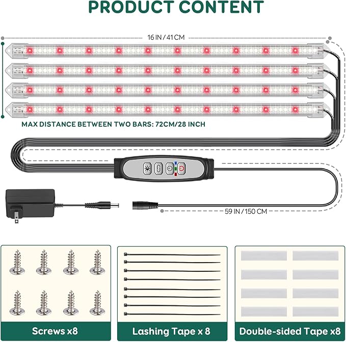 4-Bar Grow Light Strips for Indoor Plants, 16" Full Spectrum Plant Lights, 6500K Sunlike Grow Lights with 6/12/18H Timer, 5-Level Dimmable for Indoor Growing