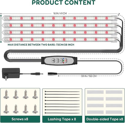 4-Bar Grow Light Strips for Indoor Plants, 16" Full Spectrum Plant Lights, 6500K Sunlike Grow Lights with 6/12/18H Timer, 5-Level Dimmable for Indoor Growing