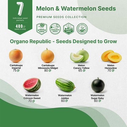 Organo Republic 7 Melon & Watermelon Seeds Variety Pack 480+ Non-GMO Heirloom Fruit Seeds for Planting Fruits in Individual Seed Packets, Home Garden Seeds for Hydroponic, Indoor & Outdoors Gardening